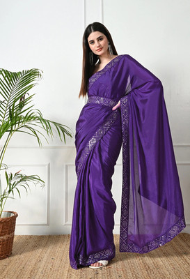 Pionex Solid/Plain Bollywood Chiffon, Silk Blend Saree(Purple)