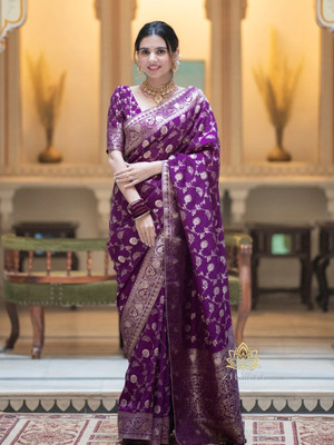 SetuMaalik Woven, Self Design, Solid/Plain, Printed Kanjivaram Jacquard, Cotton Silk Saree(Purple)