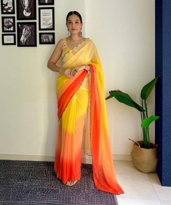 Aika Solid/Plain Bollywood Georgette Saree(Orange)