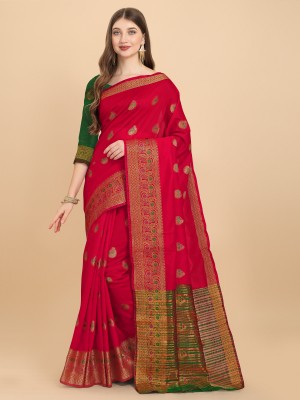 UNART CLOTHING Woven Kanjivaram Cotton Silk Saree(Red)