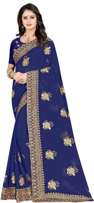 AMK FASHION Embroidered, Embellished Bollywood Art Silk Saree(Dark Blue)