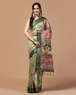 KAHIRAA WHOLETEX Printed Kalamkari Tussar Silk Saree(Green)