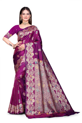 GHODTEXTILE Woven, Self Design, Floral Print, Temple Border Banarasi Pure Silk Saree(Purple)