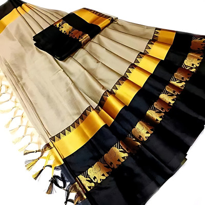 MoonTextile Temple Border Assam Silk Cotton Silk Saree(Brown)