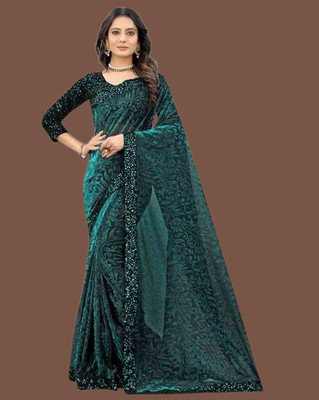 Vragi Embellished Bollywood Lycra Blend Saree(Dark Green)