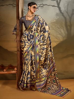 Sareemall Printed Hand Batik Crepe Saree(Beige)
