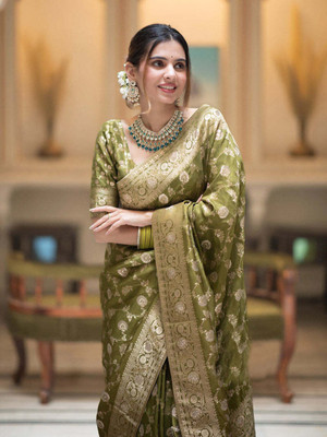 KANGLI Woven Banarasi Cotton Silk Saree(Light Green)