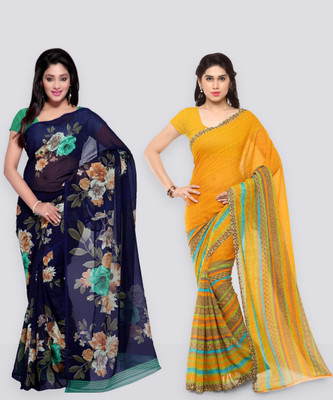 Anand Sarees Printed Bollywood Georgette Saree(Pack of 2, Dark Blue, Yellow)