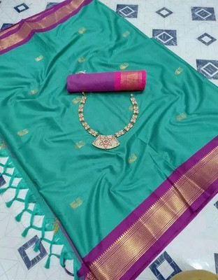 NST5 Woven Paithani Cotton Silk Saree(Light Blue, Magenta)