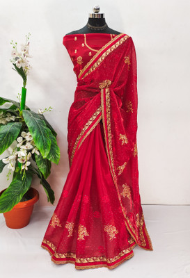 KHRITI FAB Embroidered Bollywood Jimmy choo Saree(Red)