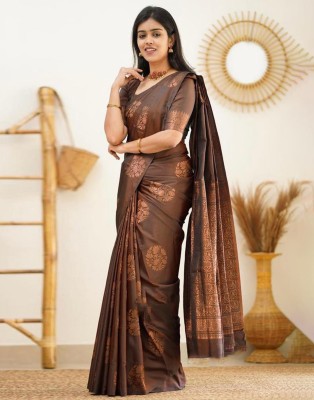 SIRIL Embellished, Paisley, Checkered, Color Block Bhagalpuri Silk Blend, Jacquard Saree(Brown)