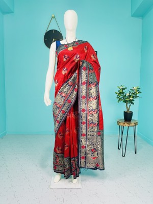 The Style Trader Woven Banarasi Jacquard Saree(Red)