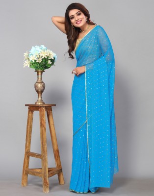 Florona Enterprise Woven, Embellished, Self Design, Dyed Daily Wear Chiffon Saree(Blue, Gold)