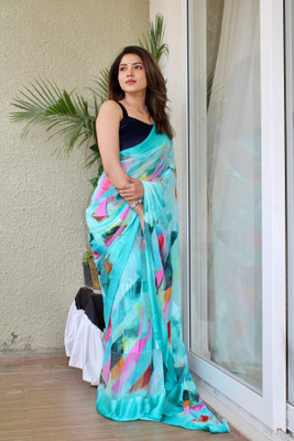 Sitanjali Printed Bollywood Georgette, Satin Saree(Light Blue)