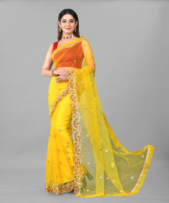 Yashvi Designer Embroidered Bollywood Net Saree(Yellow)