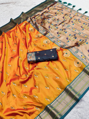 PANZORA Woven Paithani Cotton Silk Saree(Orange)