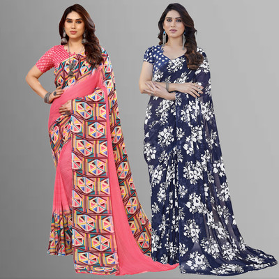 Anand Sarees Floral Print Daily Wear Georgette Saree(Pack of 2, Pink, Blue)