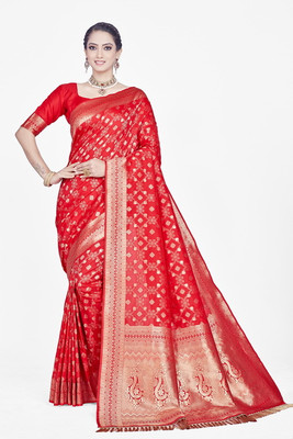 Homigoz Woven Banarasi Silk Blend Saree(Red)