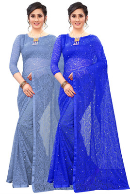 LOROFY Embellished Bollywood Net Saree(Pack of 2, Multicolor)