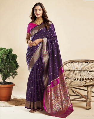 ETHNICHITZ Woven Paithani Silk Blend Saree(Magenta)