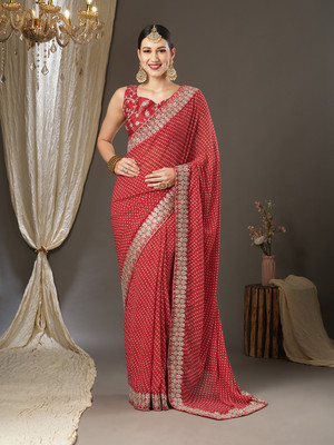 Divastri Printed Bandhani Georgette Saree(Red)