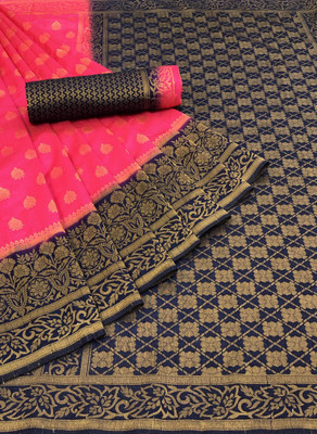 GajGajra Woven Arani Pattu Cotton Silk Saree(Pink, Dark Blue)