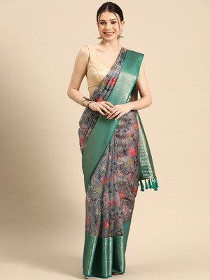 SILK ZONE Digital Print Banarasi Silk Blend Saree(Grey)