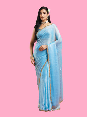 Croza Solid/Plain Bollywood Organza, Pure Silk Saree(Light Blue)