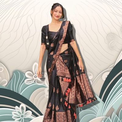 AXOMIYA Woven Mekhela Chador Polyester, Silk Blend Saree(Black)