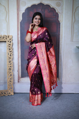 Keswi Fab Woven Banarasi Jacquard, Pure Silk Saree(Pink, Purple)
