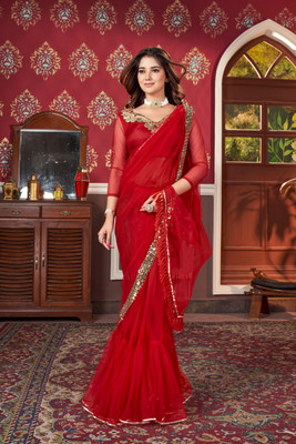 Praveena Designer Embellished Bollywood Net Saree(Red)