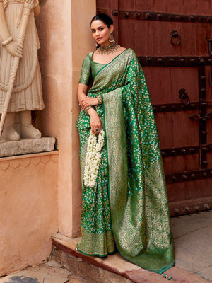 HouseOfCommon Striped Banarasi Pure Silk Saree(Green)