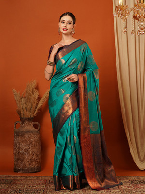 HouseOfCommon Embellished, Woven Bollywood Pure Silk, Jacquard Saree(Light Blue, Purple, Gold)