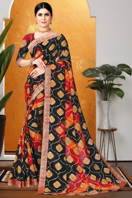 Kanooda Prints Printed Bandhani Georgette Saree(Black)