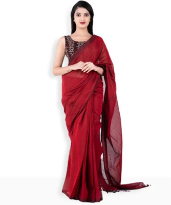 Maku Solid/Plain Handloom Handloom Pure Cotton Saree(Maroon)