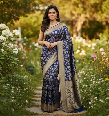 Bindi Printed Banarasi Jacquard Saree(Blue, Gold)