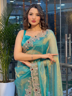 fashionSai Embellished Bollywood Net Saree(Light Blue)