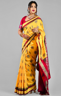 Sijileen Temple Border, Woven Sambalpuri Silk Blend Saree(Red)