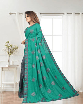 SHOBHTESH Embroidered, Self Design Madhubani Silk Blend, Net Saree(Light Green, Grey)