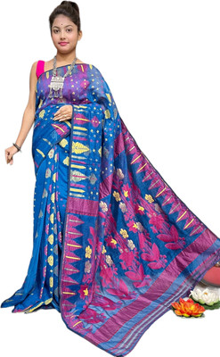 basak creation Woven Jamdani Cotton Blend Saree(Mustard)