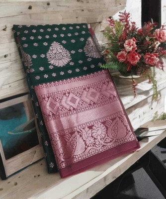 FAIZICREATION Woven Banarasi Jacquard Saree(Dark Green)