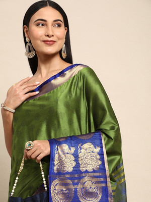 yourwish Woven, Checkered, Embellished, Self Design Banarasi Jacquard, Cotton Silk Saree(Dark Green)