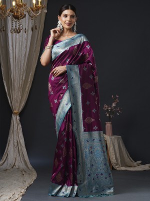 Sareemall Woven Banarasi Silk Blend Saree(Magenta, Blue)