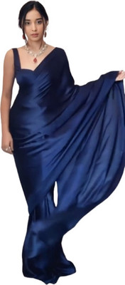 JATADHAR FAB Solid/Plain Ready to Wear Silk Blend Saree(Dark Blue)