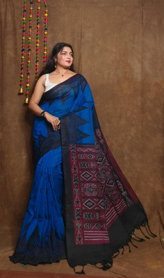 Joyguru Textile Printed Sambalpuri Pure Cotton Saree(Light Blue)