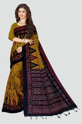 Maadurgas Printed Ikkat Cotton Blend Saree(Yellow)