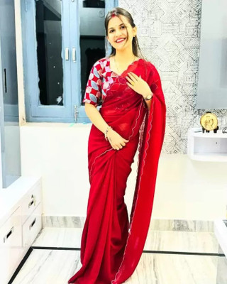 HouseOfCommon Solid/Plain Bollywood Georgette Saree(Red)
