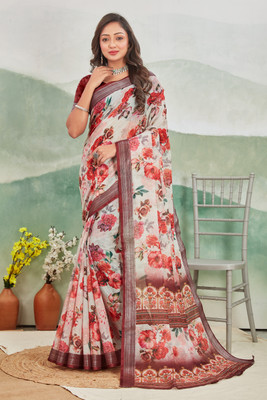 DHARMRAJ ENTERPRISE Digital Print Assam Silk Cotton Linen Saree(Brown)