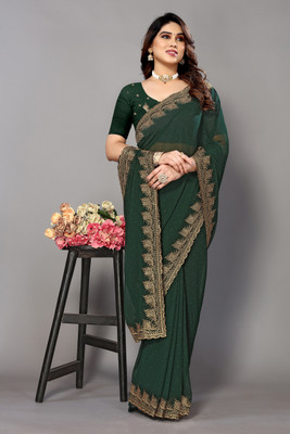 FABMORA Embellished, Embroidered Bollywood Georgette Saree(Dark Green)