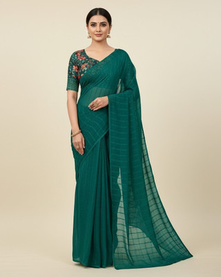 Sanskriti Synthetics Solid/Plain Handloom Chiffon Saree(Dark Green)